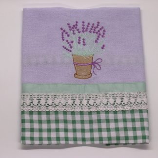 Pano de Prato Bordado - Vaso de Flores Lilas e Verde