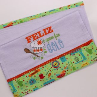 Pano de Prato Bordado - Feliz É Quem Faz Bolo