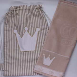 Kit Infantil - Bolsa + Toalha de Mão - Coroa Bege