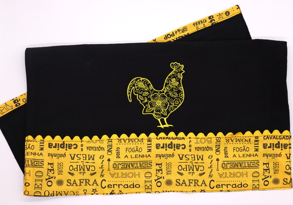 Pano de Prato Bordado - Preto/galinha