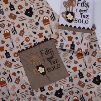 Kit de Cozinha Bordado - Feliz É Quem Faz Bolo