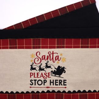 Pano de Prato Preto Bordado - Santa Please Stop Here