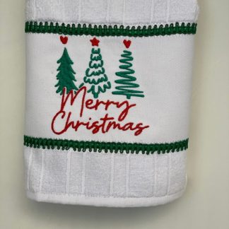 Toalha de Lavabo Branca Bordada - Merry Christmas Pinheiros